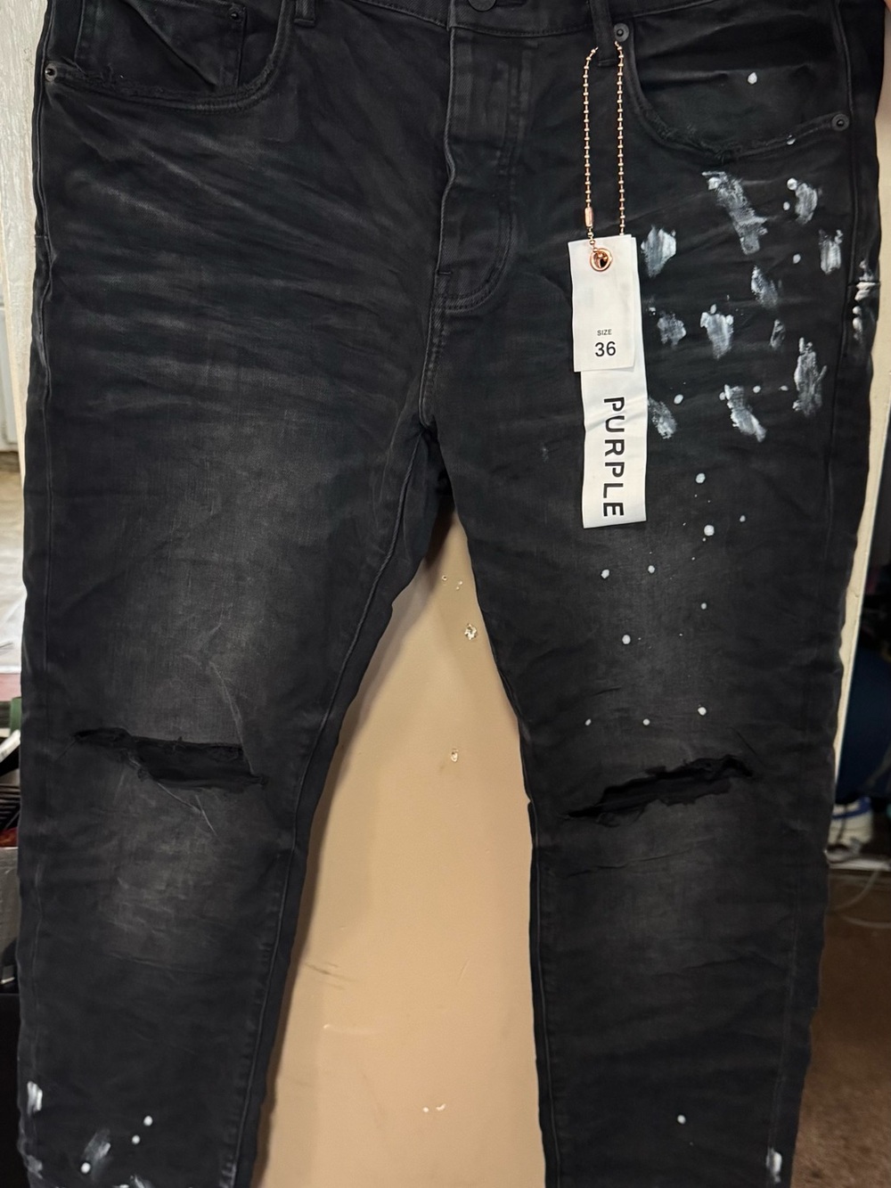 PURPLE Black Skinny Ripped Men’s Jeans with Paint Detail